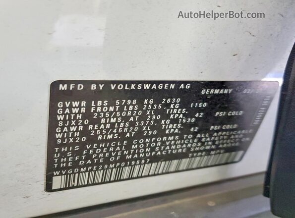 WVGDMPE29MP019597 2021 VOLKSWAGEN ID.4 White VIN կոդի պիտակի տեսք