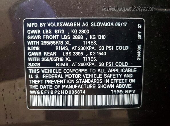 WVGEF7BP2HD006874 2017 VOLKSWAGEN TOUAREG Коричневый Вид наклейки с VIN-кодом