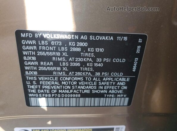 WVGEF9BP7GD009988 2016 VOLKSWAGEN TOUAREG Золотой Панорамный вид салона 360°