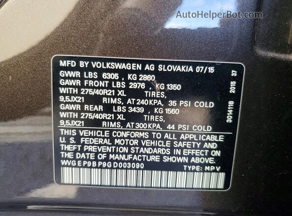 WVGEP9BP9GD003090 2016 VOLKSWAGEN TOUAREG Черный Вид наклейки с VIN-кодом