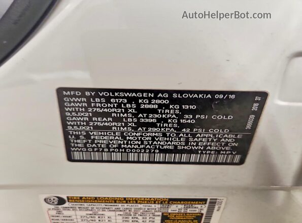 WVGGF7BP0HD002279 2017 VOLKSWAGEN TOUAREG Белый Вид наклейки с VIN-кодом