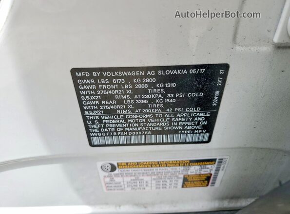 WVGGF7BPXHD006758 2017 VOLKSWAGEN TOUAREG White Widok naklejki z numerem VIN