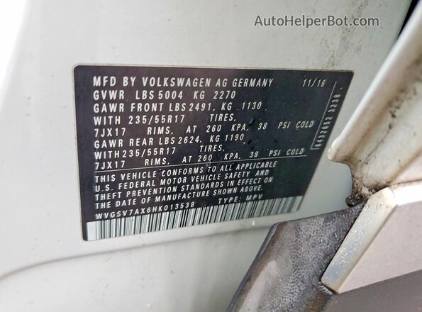 WVGSV7AX6HK013538 2017 VOLKSWAGEN TIGUAN White Вид наклейки з VIN-кодом
