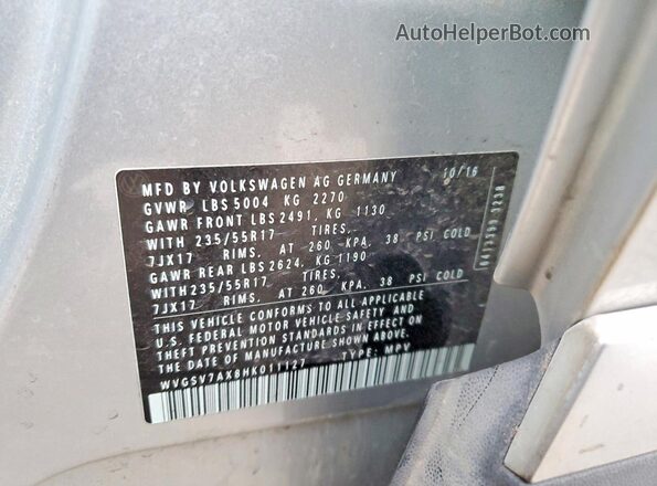 WVGSV7AX8HK011127 2017 VOLKSWAGEN TIGUAN Серебряный Вид наклейки с VIN-кодом