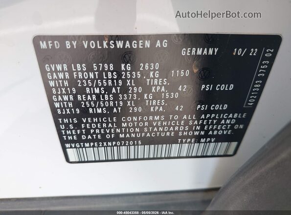 WVGTMPE2XNP072015 2022 VOLKSWAGEN ID.4 Белый Вид подкапотного пространства