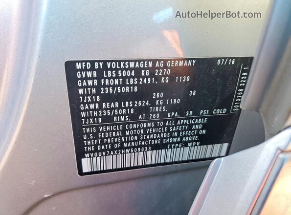 WVGUV7AX2HW509633 2017 VOLKSWAGEN TIGUAN Silver Widok wnętrza 360 stopni