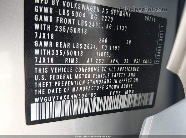 WVGUV7AX5HW504183 2017 VOLKSWAGEN TIGUAN Gray Widok komory silnika