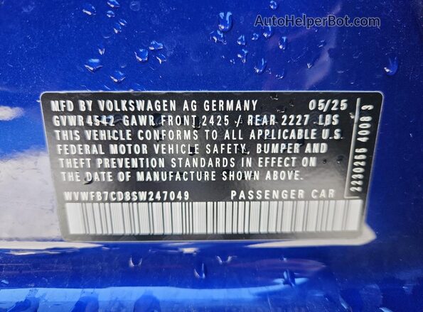 WVWFB7CD8SW247049 2025 VOLKSWAGEN GOLF Синий Вид наклейки с VIN-кодом