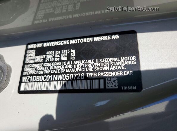 WZ1DB0C01NW050726 2022 TOYOTA GR White Вид наклейки з VIN-кодом