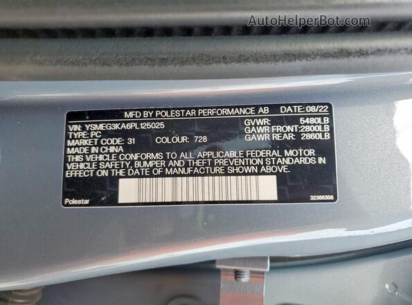 YSMEG3KA6PL125025 2023 POLESTAR 2 Gray Vista de la etiqueta del VIN