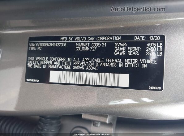 YV1102EK3M2427316 2021 VOLVO V60 Brown Vista del compartimento del motor