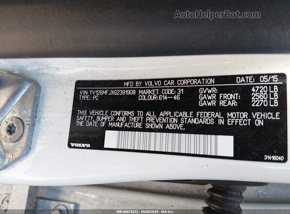 YV126MFJXG2391908 2016 VOLVO S60 White Widok komory silnika