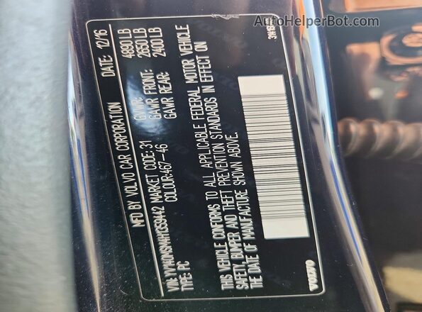 YV140MSM4H1359442 2017 VOLVO V60 Blue Вид наклейки з VIN-кодом
