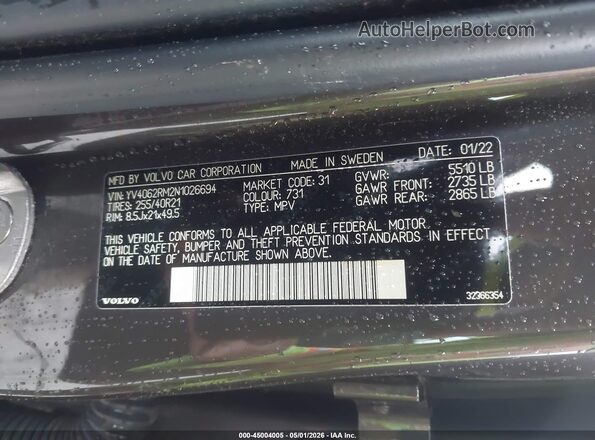 YV4062RM2N1026694 2022 VOLVO XC60 Gray Widok komory silnika