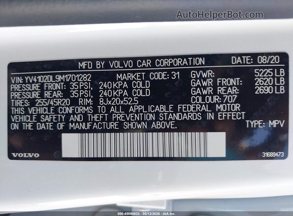 YV4102DL9M1701282 2021 VOLVO XC60 White Вид підкапотного простору