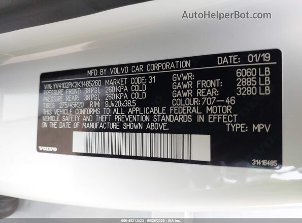 YV4102PK2K1485260 2019 VOLVO XC90 Белый Вид подкапотного пространства