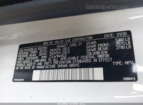 YV4102RL0L1550193 2020 VOLVO XC60 White Շարժիչի բաժամունքի տեսք