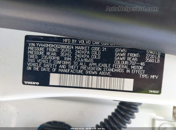 YV440MDM3G2880824 2016 VOLVO XC60 Белый Вид подкапотного пространства