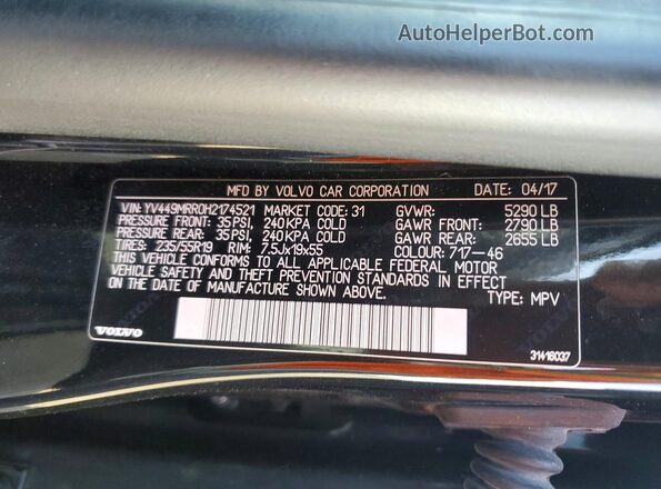 YV449MRR0H2174521 2017 VOLVO XC60 Черный Вид наклейки с VIN-кодом