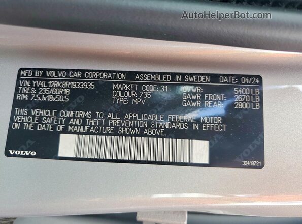 YV4L12RK8R1933935 2024 VOLVO XC60 Silver Vista de la etiqueta del VIN
