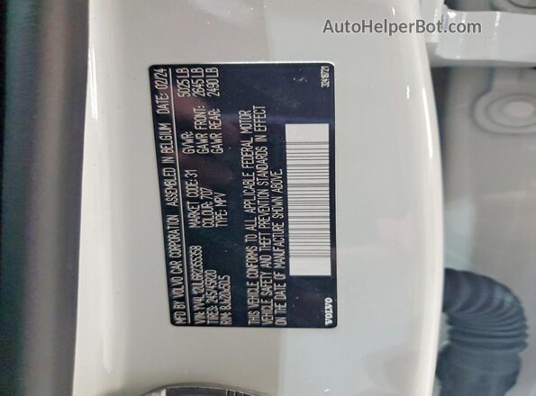 YV4L12UL6R2355358 2024 VOLVO XC40 White Widok naklejki z numerem VIN