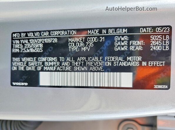 YV4L12UV2P2109728 2023 VOLVO XC40 Silver Vista de la etiqueta del VIN