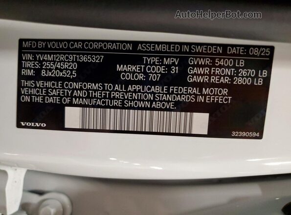 YV4M12RC9T1365327 2026 VOLVO XC60 White Вид наклейки з VIN-кодом