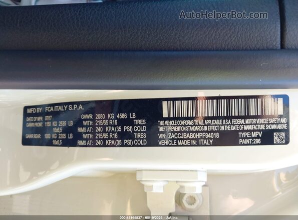 ZACCJBAB0HPF94018 2017 JEEP RENEGADE Белый Вид подкапотного пространства