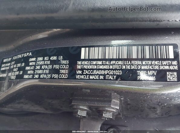 ZACCJBAB8HPG01023 2017 JEEP RENEGADE Серый Вид подкапотного пространства