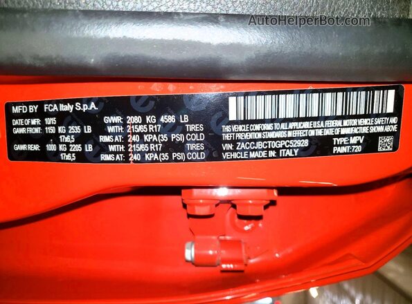 ZACCJBCT0GPC52928 2016 JEEP RENEGADE Оранжевый Вид наклейки с VIN-кодом