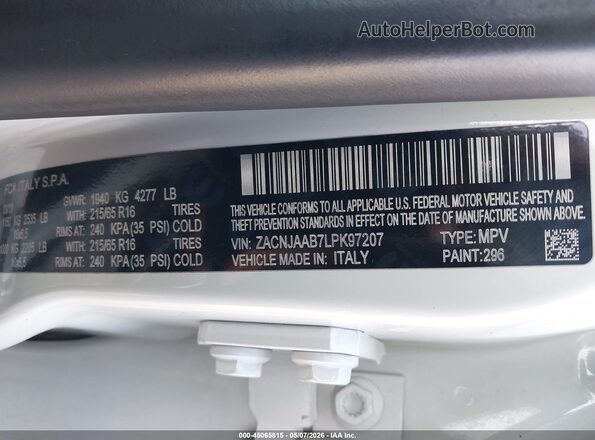 ZACNJAAB7LPK97207 2020 JEEP RENEGADE White ძრავის განყოფილების ხედი