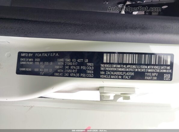 ZACNJABBXLPL40596 2020 JEEP RENEGADE White Вид підкапотного простору