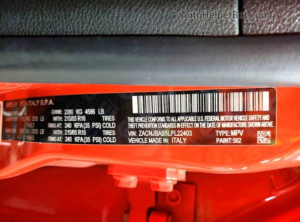 ZACNJBAB5LPL22403 2020 JEEP RENEGADE Orange VIN sticker view