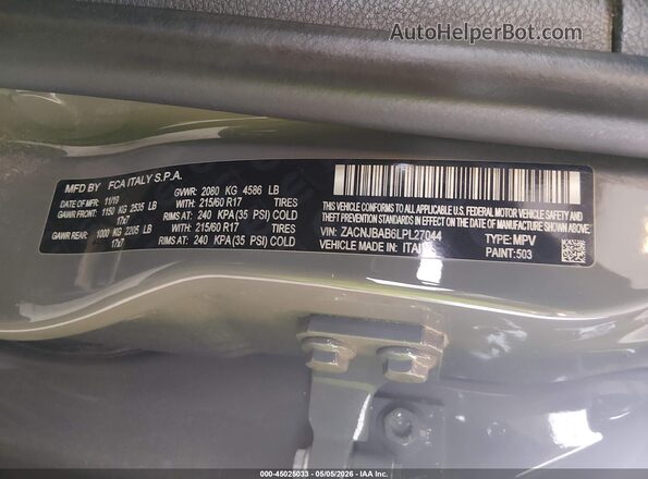 ZACNJBAB6LPL27044 2020 JEEP RENEGADE Gray Vista del compartimento del motor