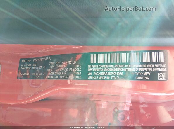 ZACNJBAB8KPK61076 2019 JEEP RENEGADE Оранжевый Вид подкапотного пространства