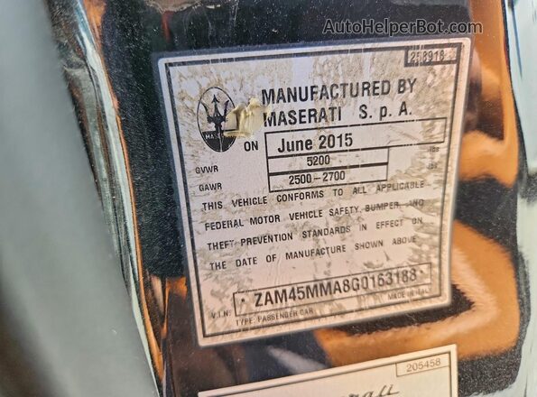 ZAM45MMA8G0163188 2016 MASERATI GRANTURISM Black Vista de la etiqueta del VIN