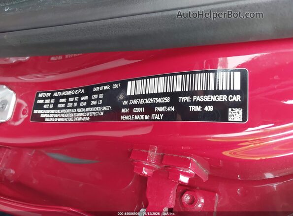 ZARFAECN2H7540258 2017 ALFA ROMEO GIULIA Red Շարժիչի բաժամունքի տեսք