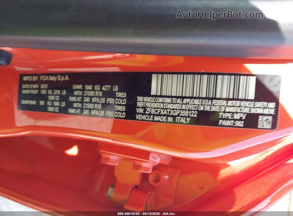ZFBCFXAT3GP356122 2016 FIAT 500X Orange ძრავის განყოფილების ხედი