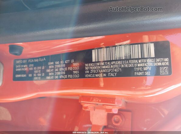 ZFBCFXAW0GP374071 2016 FIAT 500X Orange Widok komory silnika