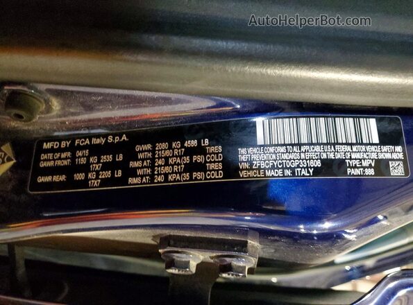 ZFBCFYCT0GP331606 2016 FIAT 500X Blue Вид наклейки з VIN-кодом