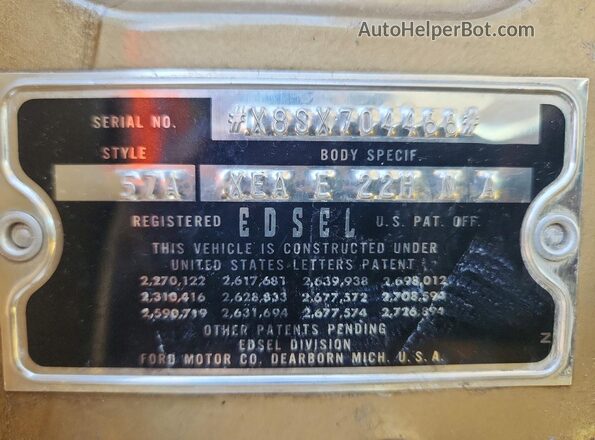 X8SX704466 1958 FORD SADAN Tan Widok naklejki z numerem VIN