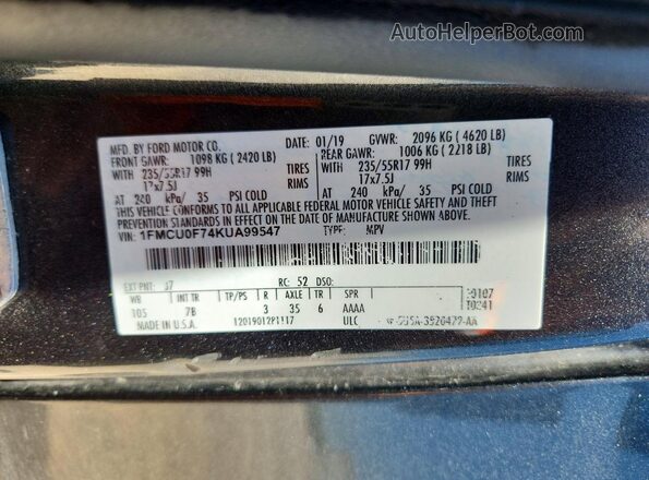 1FMCU0F74KUA99547 2019 FORD ESCAPE Серый Панорамный вид салона 360°