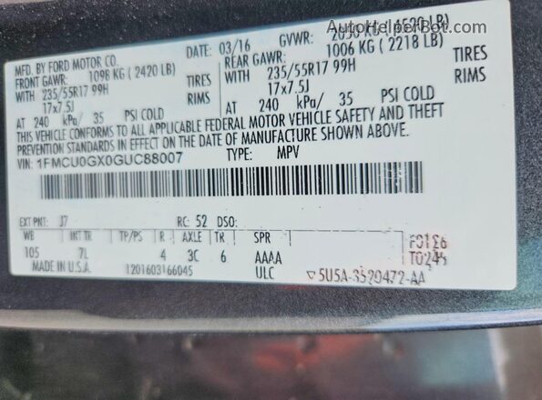 1FMCU0GX0GUC88007 2016 FORD ESCAPE Gray Vista interior de 360 grados