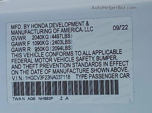 1HGCV3F23NA037118 2022 HONDA ACCORD White Widok komory silnika
