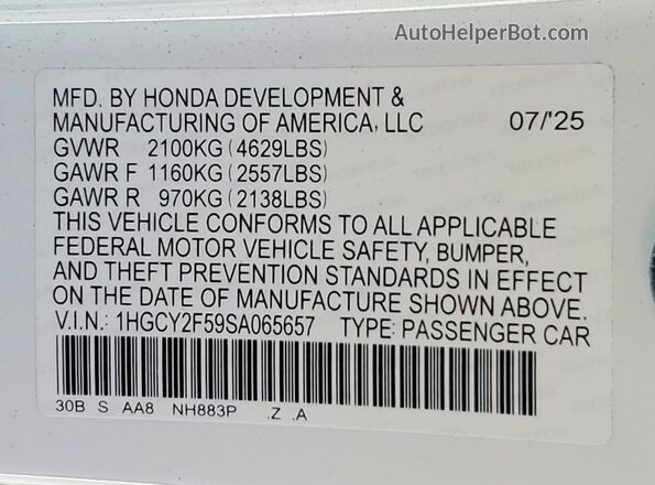 1HGCY2F59SA065657 2025 HONDA ACCORD White Շարժիչի բաժամունքի տեսք