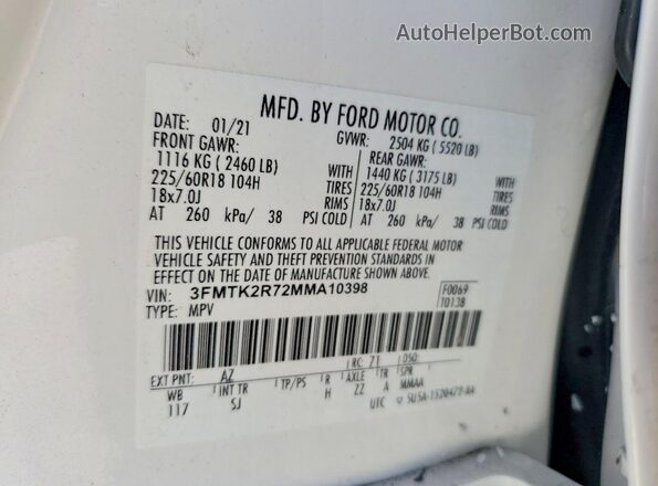 3FMTK2R72MMA10398 2021 FORD MUSTANG Белый Вид наклейки с VIN-кодом