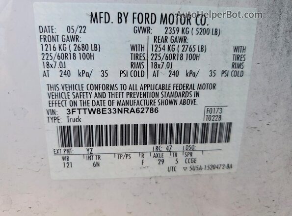 3FTTW8E33NRA62786 2022 FORD MAVERICK White Vista del compartimento del motor