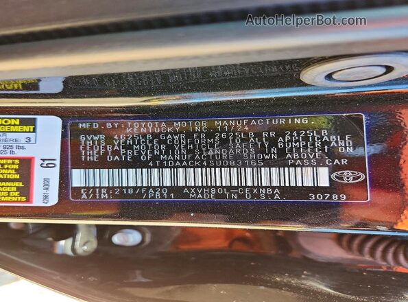 4T1DAACK4SU083165 2025 TOYOTA CAMRY Черный Вид наклейки с VIN-кодом