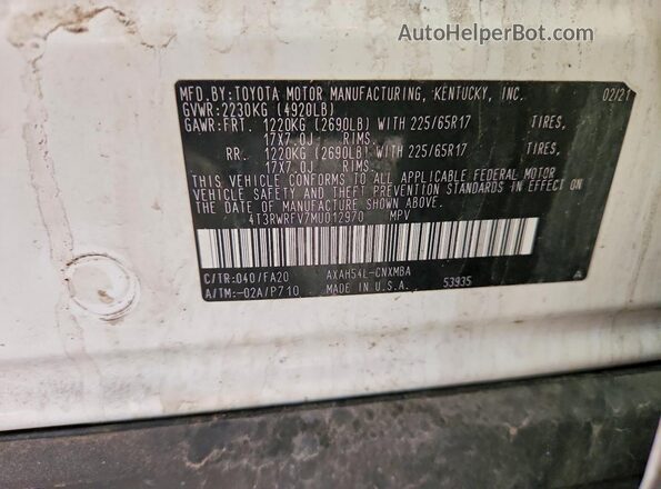 4T3RWRFV7MU012970 2021 TOYOTA RAV4 White Widok naklejki z numerem VIN