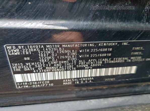 4T3T6RFV6NU071516 2022 TOYOTA RAV4 Black VIN կոդի պիտակի տեսք